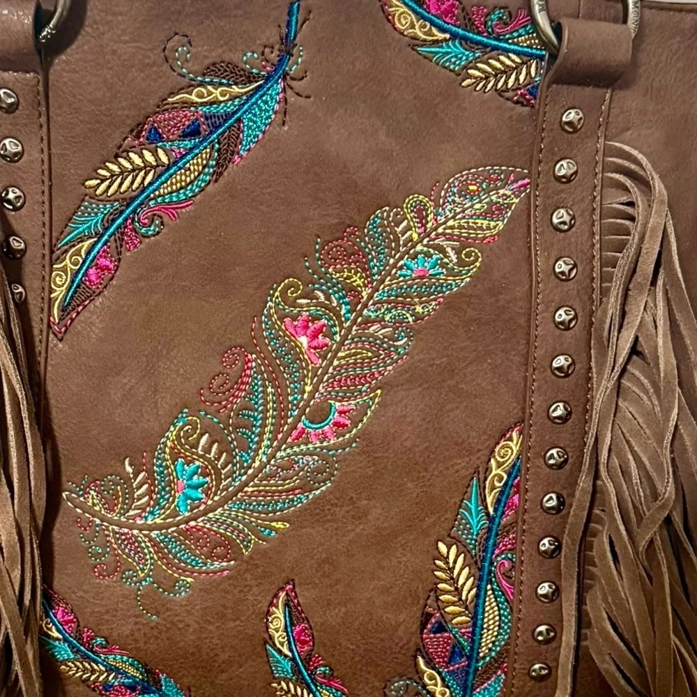 NWT—Montana West Brown Fringe Tote with Multicolor Embroidered Feathers